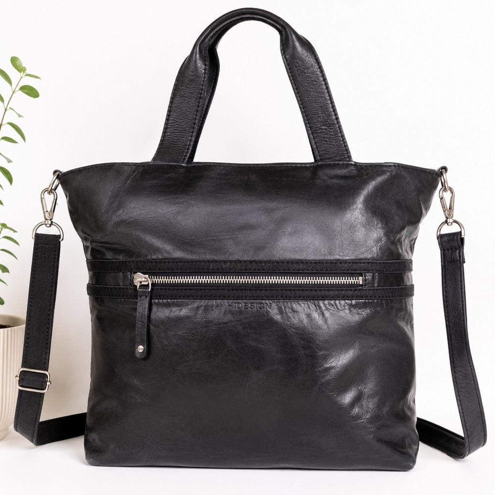 Hidesign Black Leather Tote Bag Shoulder Purse Large Satchel Convertible...